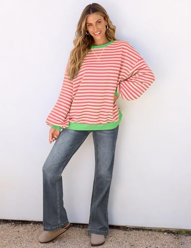 Image of UEU Women Oversized Striped Crewneck Sweatshirt Long Sleeve Color Block Pullover Tops Casual Loose Workout Shirt