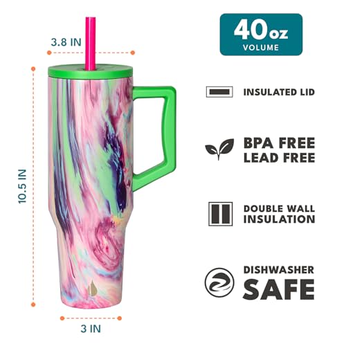 Image of Elemental Spill Proof 40oz Insulated Tumbler with Handle & Straw Travel Mug | Stainless Steel Commuter Travel Coffee Mug for Cold Beverages, Includes 2 Straws & a Spill Proof Lid for Everyday Use