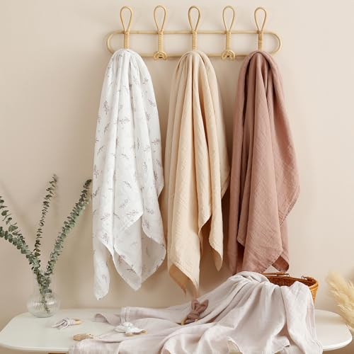 Image of POMISO Muslin Swaddle Blankets for Boys & Girls, Newborn Receiving Blankets, 4 Pack Soft Breathable Baby Swaddles, Large 47x47 Inches, Leaves & Warmth Colors