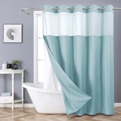 eachope No Hook Slub Textured Shower Curtain with Snap in Liner,Teal,71x86