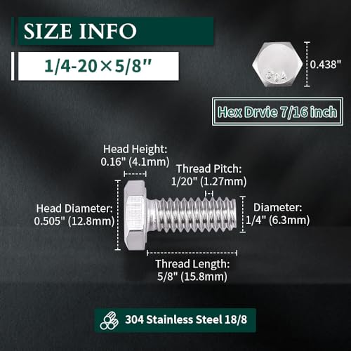 Image of 1 /4-20 x 5 /8 inch Hex Head Bolts Screws, 304 Stainless Steel 18-8, Fully Threaded, Hexagon Head Cap Bolts Screws, Coarse Thread UNC, 25 PCS