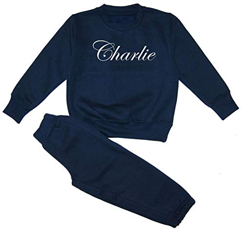 Kids Essentials Personalised Boys Girls Baby Name Tracksuit Sweatshirt Joggers Loungewear (Navy, 3-4 Years)