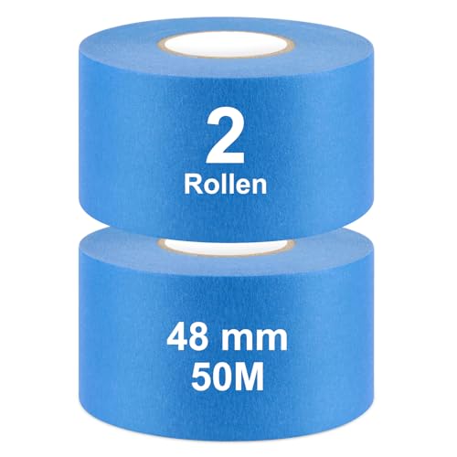 iuqiepo 2 Rollen Blaues Kreppband, Abklebeband Maler, 48 mm x 50m Malerkrepp, Wasserfest, Hochtemperaturbeständig, UV-Beständig