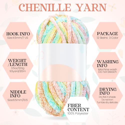 Image of Xinnun 12 Skeins 1116 Yards Chenille Velvet Soft Thick Plush Yarn Bulk for Crocheting Knitting Blanket DIY Weaving Craft, 6mm, 3.5 Oz /Skein(Vibrant Color)