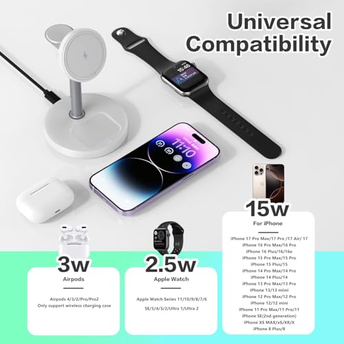 Image of 3 in 1 Wireless Charging Station Compatible with MagSafe, 15W Fast Charging Magnetic Mag-Safe Charger Stand for Apple iPhone 17 16 15 14 13 12Series Apple Watch AirPods Pro 4 3 2, Gifts for Men Women