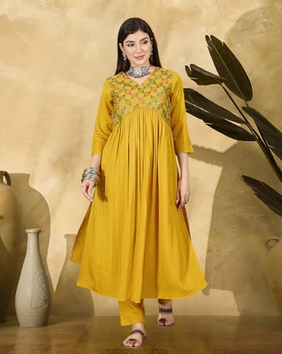 Image of SheWill Women's Mustard American Crepe Zari Sequence Embroidered Alia Cut Kurta with Pant and Dupatta