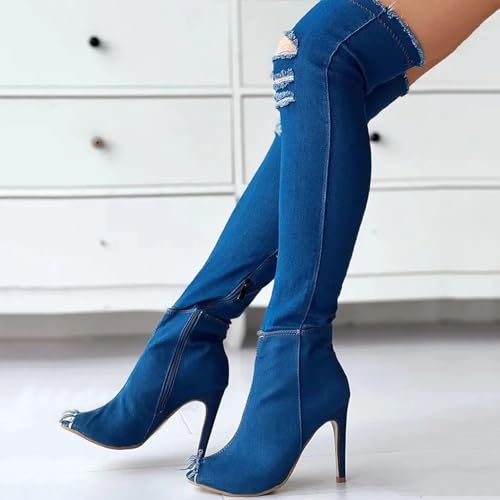 SACFOF Women's Denim Thigh High Boots Peep Toe Cutout Over The Knee Jean Stiletto Heeled Long Boots4