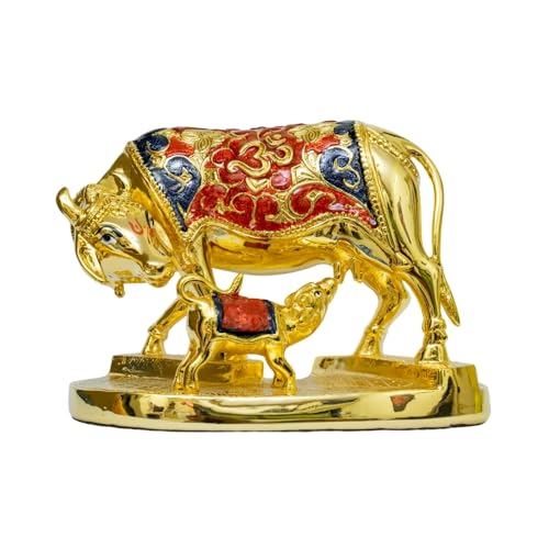 Image of Gold Meenakari Kamadhenu Cow with Calf Idol | Handcrafted Traditional Gold-Plated Holy Cow & Calf Statue | Vastu & Pooja Room Decor | Meenakari Gold Cow Idol | Size 21.5cm x 15cm x 11.5cm