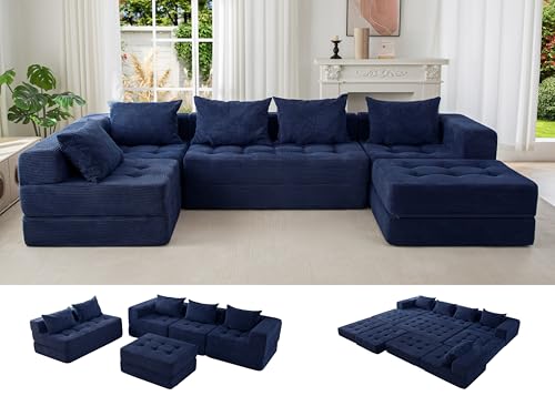 Image of MAXYOYO Modular Sectional Sofa Couch, Foldable U Shaped Cloud Couch with Pillows, Tufted 6-Seat Boneless Lounger Floor Sofa Bed for Living Room, No Assembly Required, Navy