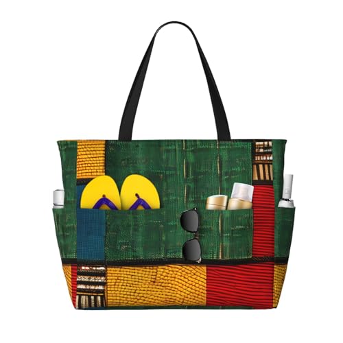 Fashion African Style Patchwork Print Beach Bag Waterproof Beach Totes Bags For Women, Lightweight Foldable Pool Bag With Zipper Wet Compartment