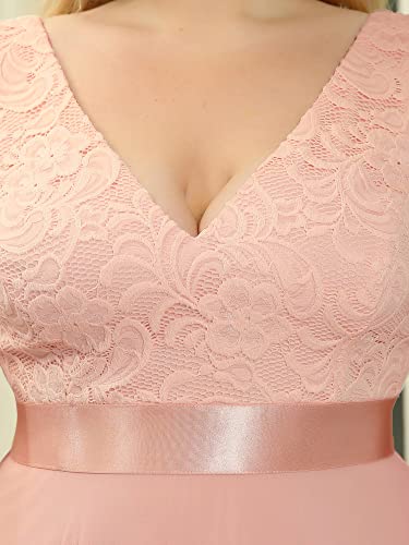 Image of Ever-Pretty Plus Women's V Neck Sleeveless Asymmetric Hem Lace Chiffon Short Summer Plus Size Wedding Guest Dresses Pink US26