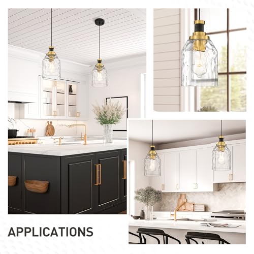 Image of zeyu 2 Pack Modern Kitchen Pendant Lighting Over Island, Hanging Light Fixture for Dining Room, Water Ripple Glass Shade, Black and Gold Finish, ZG33M1L-2L BK+BG-WG