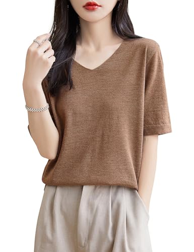 Women's 100% Merino Wool Base Layer Shirt V Neck Short Sleeve Travel Hiking Tee T Shirt Pullover Tops