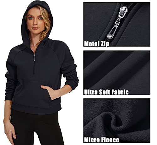 Magcomsen Half Zip Pullover Women Hoodie Cropped Daily Casual Travel Hoodies Fleece Lined Spring School Stylish Leisure Tops Black M #TOP5