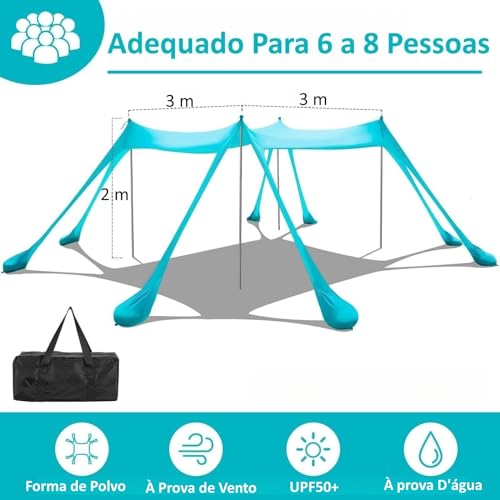 Barraca para Praia 3 x 3 m Tenda com Sacos Areia, Abrigo Praia Portátil Guarda-sol Portátil para Fam