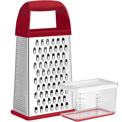 Urbanstrive Cheese Grater With Container, Professional Cheese Grater with Handle, Stainless Steel Graters for Kitchen Handheld, Box Grater with 4 Sides for Vegetables, Ginger, Potatoes (Red)