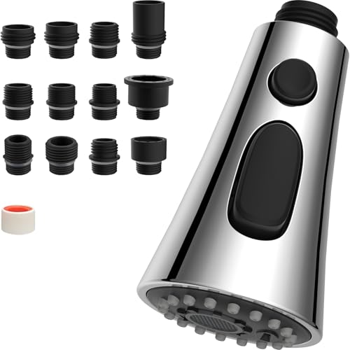 Hibbent 3-Function Pull Down Kitchen Faucet Head Replacement with 12 Adapters, NSF/ANSI/CAN 61 & CUPC Certified Sink Spray Nozzle, Compatible with Moen, Delta, Kohler Faucets, Chrome High-qu