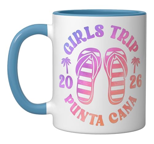 Besties Vacation Beach Birthday Girls Trip 2026 Punta Cana Ceramic Mug, Blue/White