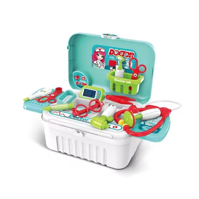 TOYIQ Doctor Set Case Workbench 3 in 1 Doctor Nurse Medical Box with Suitcase Trolley | Doctor Play Set for Toddler Boys Girls (Green)-image-31