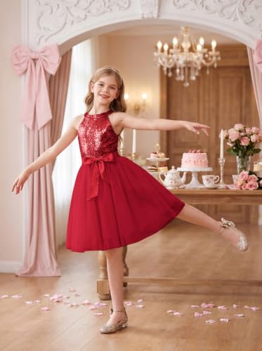GRACE KARIN Girls Sequin Dress Halter Sleeveless Tulle Princess Party Wedding Flower Girl Dresses Size 7,Red — view 5