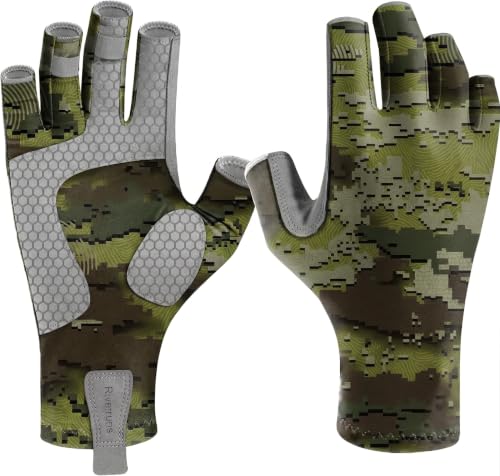 Riverruns UPF 50+ Fishing Gloves UV Protection Fingerless Sun Gloves Men Women for Outdoor, Kayaking, Rowing, Driving, Hunting(CamoGreenScilicone, M)