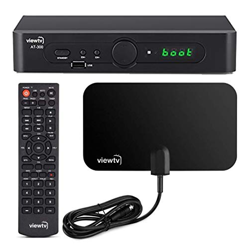 ViewTV AT-300 ATSC Digital TV Converter Box Bundle with ViewTV 25 Mile Flat HD Digital Indoor TV Antenna and HDMI Cable w/Recording PVR Function/HDMI Out/Coaxial Out/Composite Out/USB Input