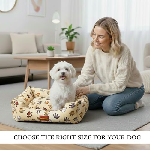 Image of SITSNOOZE Small Dog Bed (Up to 5kg) for Shih Tzu, Pomeranian, Chihuahua Puppies - Soft Washable Bed, Orthopedic Cushion, Indoor Waterproof Anti-Slip Pet Mattress (White & Brown Printed, S)