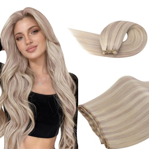 Image of Ugeat Sew in Hair Extensions Real Human Hair, Human Hair Extensions Weft 22 Inch 100g, Sew in Extensions Ash Blonde Highlights Bleach Blonde, for Women