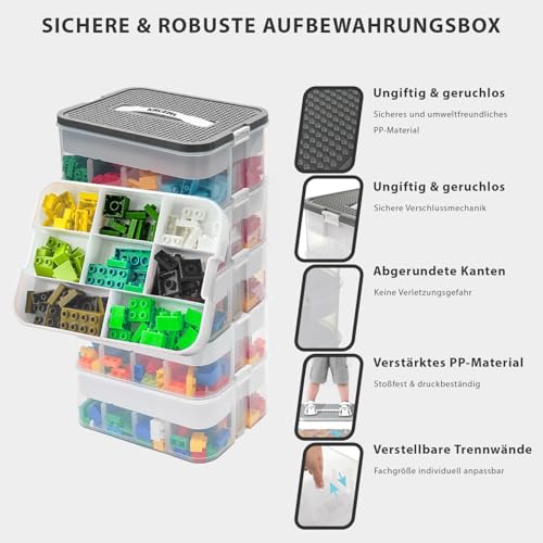 KRUZZEL Bausteine Aufbewahrungsbox 35L mit Griff & Trennwänden – 5 Etagen Stapelbox Transparent für Spielzeug & Schulbedarf Kinder