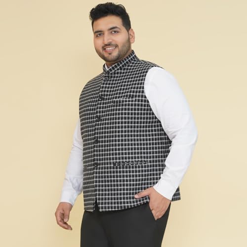 Image of JOHN PRIDE Plus Size Men Checked Tweed Black Nehru Jacket (JPNJ7513 Black)