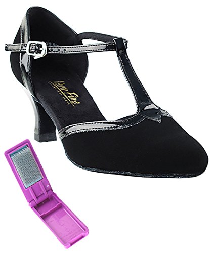 Very Fine Dance Shoes - Ladies Practice, Cuban Low Heel, Waltz Ballroom Dance Shoes - 9627-2.5-inch Heel and Foldable Brush Bundle - Black Nubuck - Black Trim - 8
