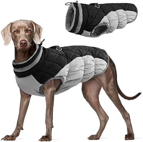 FUAMEY Dog Coat,Warm Dog Jacket Winter Coat Paded Dog Fleece Vest Reflective Dog Cold Weather Coats with Built in Harness Waterproof Windproof Dog Snow Jacket Clothes with Zipper Black Large