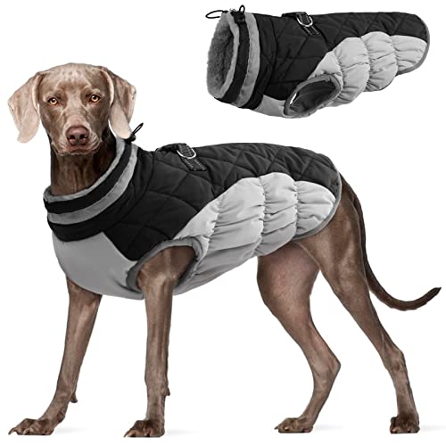 FUAMEY Dog Coat for Large Dogs,Waterproof Dog Winter Jacket with Harness Built in Puppy Cold Weather Coats Reflective Pet Vest with Zipper Warm Fleece Dogs Snowsuit Windproof Black XXXL XXXL