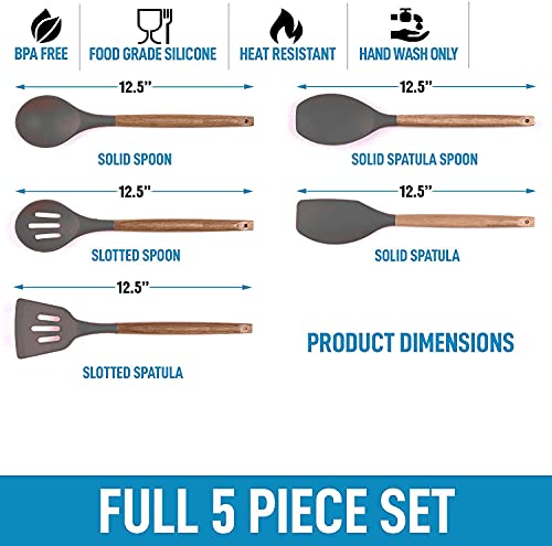 Image of Non-Stick Silicone Cooking Utensils Set with Natural Acacia Hard Wood Handle, High Heat Resistant Grey Pack of 5