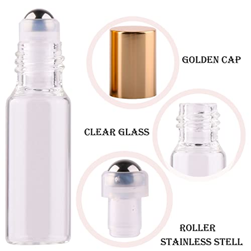 MaxMau Pack of 100,5ml Clear Glass Roll on Bottle Essential Oil Roller Bottles with Stainless Steel Roller Balls and Golden Painted Lids for Daily Aromatherapy Sample Test Travel2