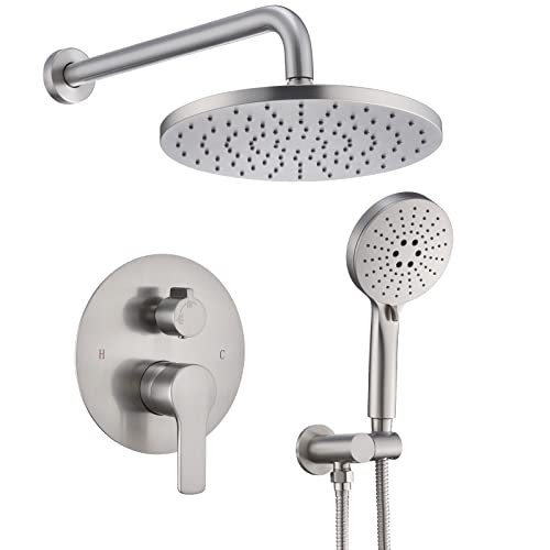Image of Iriber Shower System Wall Mounted Shower Faucet Set with High Pressure Shower head and 3-Setting Handheld, Bathroom Shower Trim Kit Contain Pressure Balance Valve Cartridge, Brushed Nickel