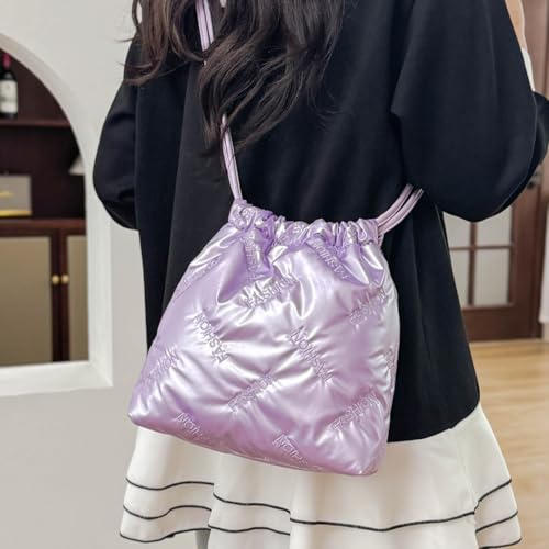 Mini Puffer Drawstring Bucket Bag Quilted Crossbody Bags for Women Bubble Nylon Shoulder Handbag Hobo Cell Phone Purse3
