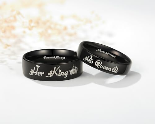 His Queen & Her King Matching Black Titanium Stainless Steel Rings for Couples - Romantic Gifts for Anniversary, Valentine's Day, and Weddings3