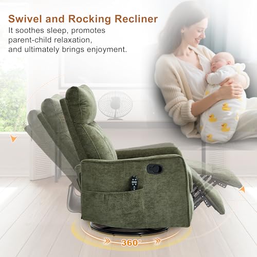 Image of Manual Swivel Rocker Recliner Chair for Adults, Overstuffed Reclining Glider Chair for Nursing with Vibration Massage & Heat, Living Room Rocking Recliner 2-Stage backrest, Chenille Fabric Green
