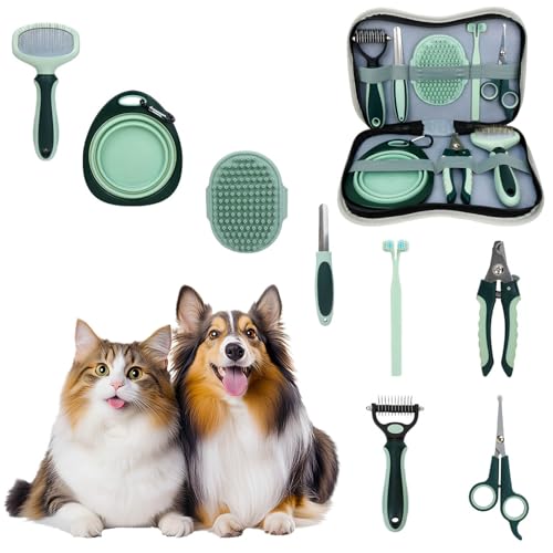 Image of Pet Nail Clippers Trimmer and Grooming Kit, 8 Pieces Pet Grooming Kit - Dematting Comb,Slicker Brush,dog nail trimmer,collapsible bowl and dog toothbrush for Removing Knots and Hair for Dog,Cat