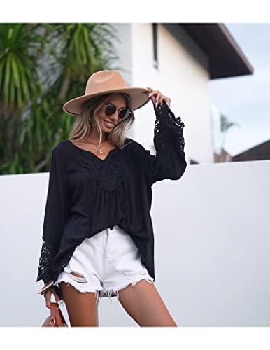 Soteer Womens Casual V Neck Loose Top Flare Sleeve Lace Splice Blouse Shirt Tops,Black Xl #TOP2
