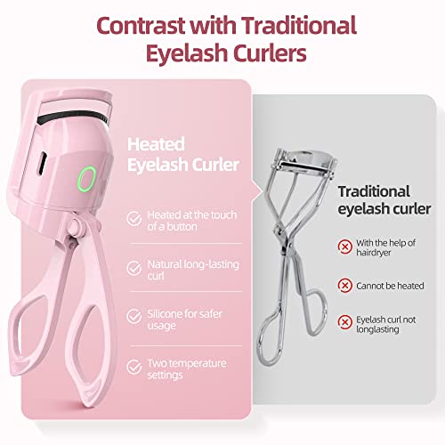 Gritin Heated Eyelash Curlers, Electric Rechargeable Eyelash Curlers-Heated Eye Lash Curler, Eyelash Eyebrow Brush Mascara Brush,Comb Lash Separator-Handheld Eyelash Heated Curler-Easy to Curl(Pink)