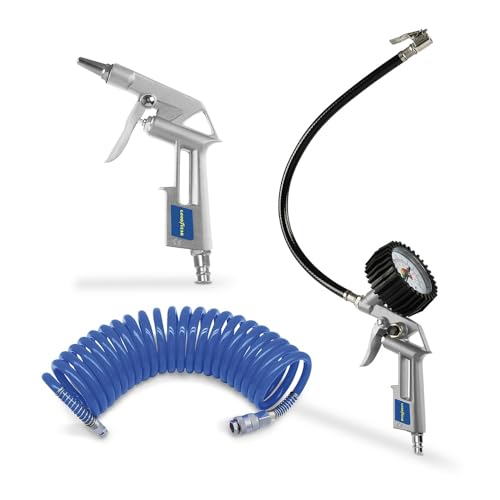 GoodYear   Kit 3 Accesorios Compresor Aire con Pistola Soplado e Inflado, Manómetro 0‑8 bar, Manguera Espiral 5 m, Caudal 140 l/m, ideal Herramientas Neumáticas y Mantenimiento diario