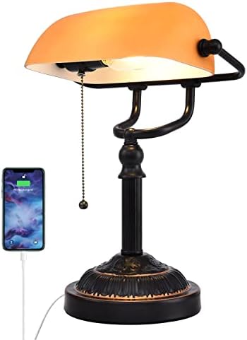 Rizzyluz Traditional Bankers Lamp, Vintage Desk Lamp with USB Port for Home Office Library, Pull Chain Switch, Orange Glass Shade, Oil Rubbed Bronze Color