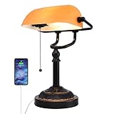 Rizzyluz Traditional Bankers Lamp, Vintage Desk Lamp with USB Port for Home Office Library, Pull Cha