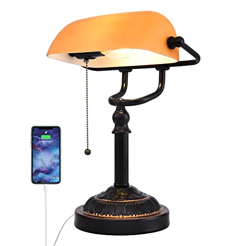 Rizzyluz Traditional Bankers Lamp, Vintage Desk Lamp With Usb Port For Home Office Library, Pull Chain Switch, Orange Glass Shade, Oil Rubbed Bronze Color #TOP3
