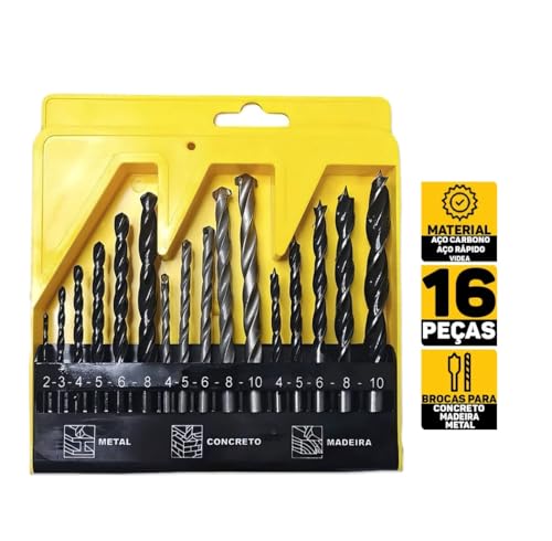 Jogo De Brocas Kit 16 Peças Com Estojo Madeira Ferro Concreto Metal Vidro Aço Para Furadeira e Parafusadeira
