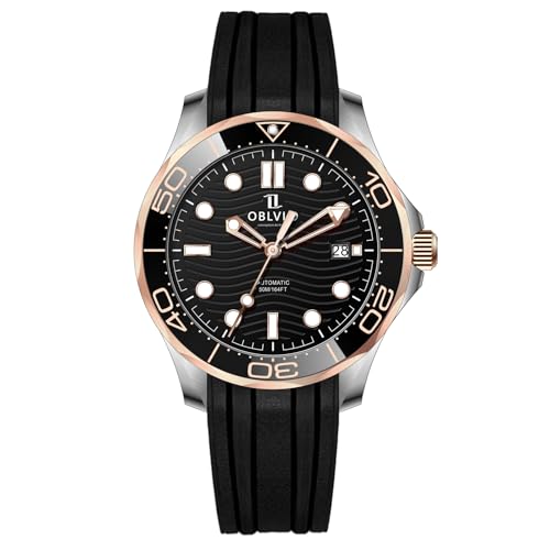 OBLVIO Automatische Taucheruhr, Schwarzes Silikonband, Wellenmuster Zifferblatt, Datumsanzeige, Om-tpbbr, Luxuriös