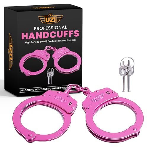 Uzi Police Grade Handcuffs Law Enforcement – High Tensile Steel, Adjustable Double Lock Hand Cuffs for Fun Playtime, Parties, and More - 2 Standard Keys, Great Gift for Adults - Pink