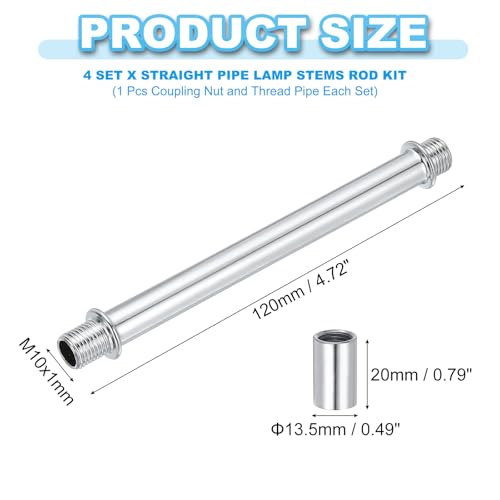 Image of PATIKIL Straight Pipe Lamp Stems Rod Kit, 4Set M10 Carbon Steel 120mm(4.72 inch) Long Double End Thread Rod with Coupling Nuts Sleeve Connector for Table Lamps Chandeliers, Silver Tone